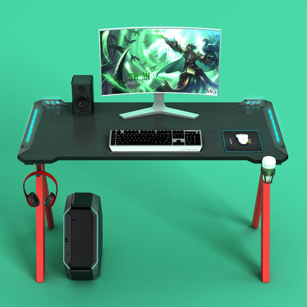 120cm RGB Gaming Desk Home Office Carbon Fiber Led Lights Game Racer Computer PC Table Y-Shaped Red