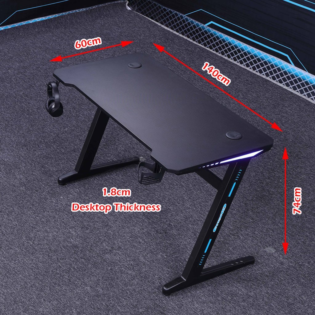 120cm RGB Embeded Gaming Desk Home Office Carbon Fiber Led Lights Game Racer Computer PC Table Z-Shaped Black