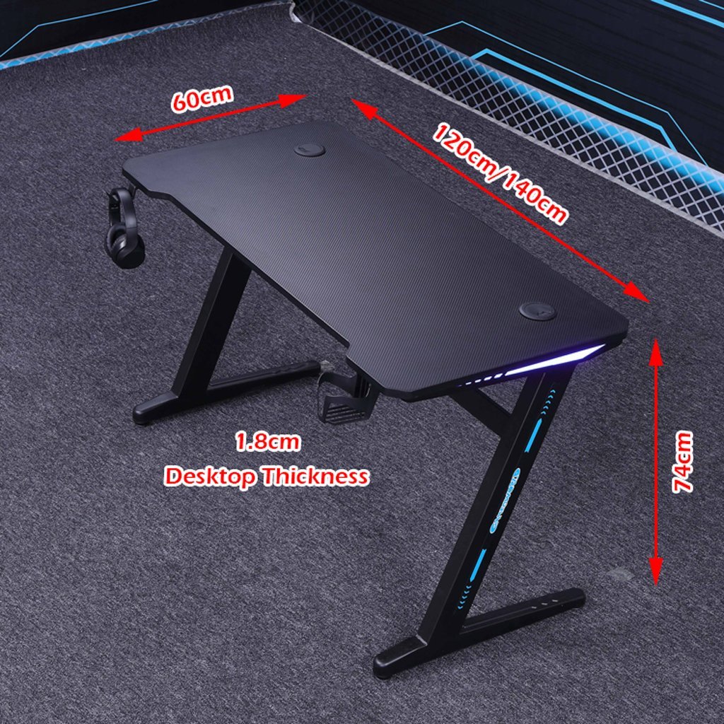 140cm RGB Embeded Gaming Desk Home Office Carbon Fiber Led Lights Game Racer Computer PC Table Z-Shaped Black