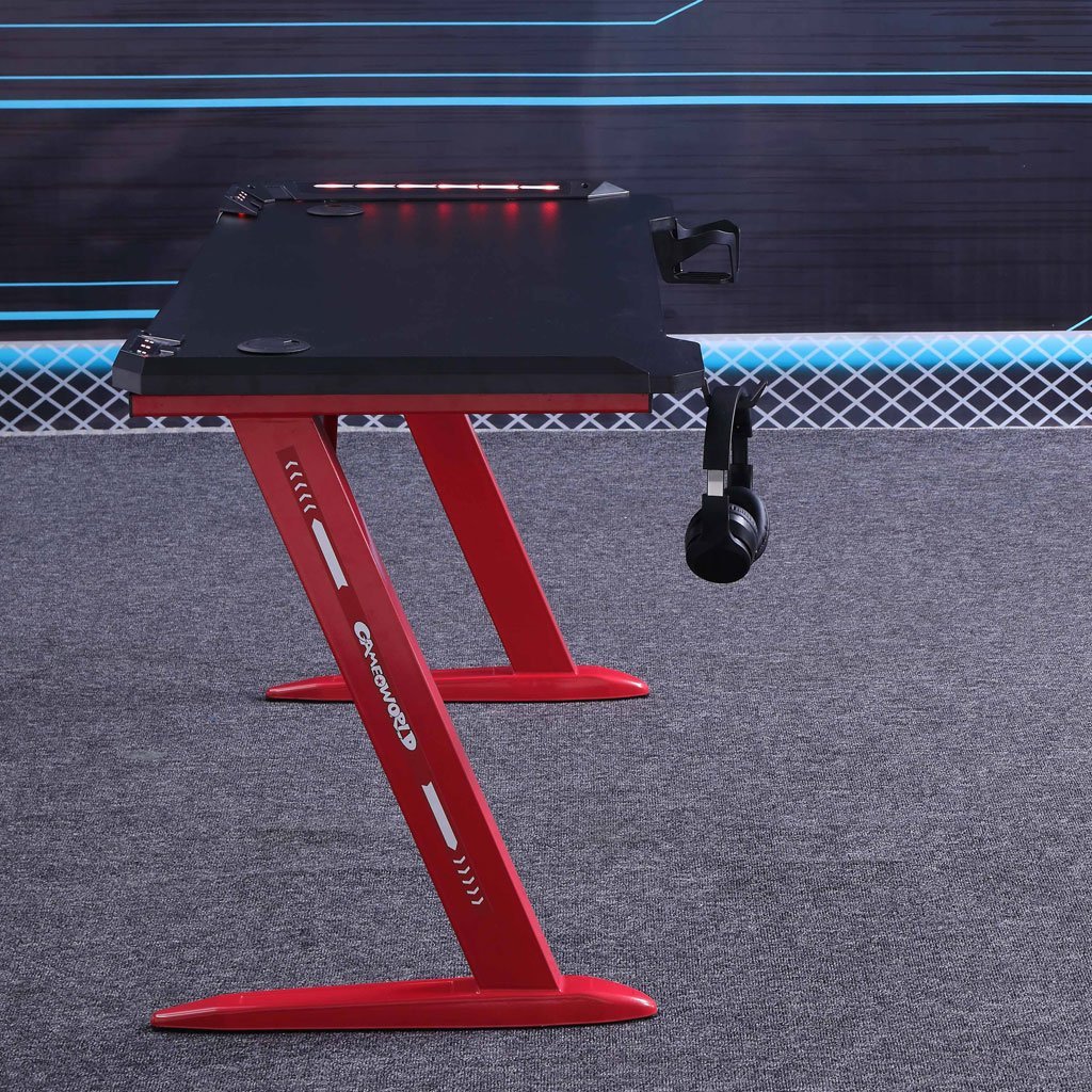 140cm RGB Gaming Desk Home Office Carbon Fiber Led Lights Game Racer Computer PC Table Z-Shaped Red