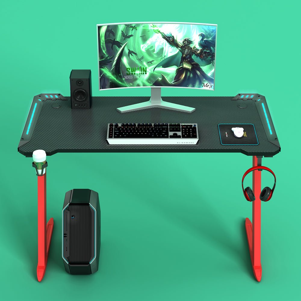 140cm RGB Gaming Desk Home Office Carbon Fiber Led Lights Game Racer Computer PC Table Z-Shaped Red