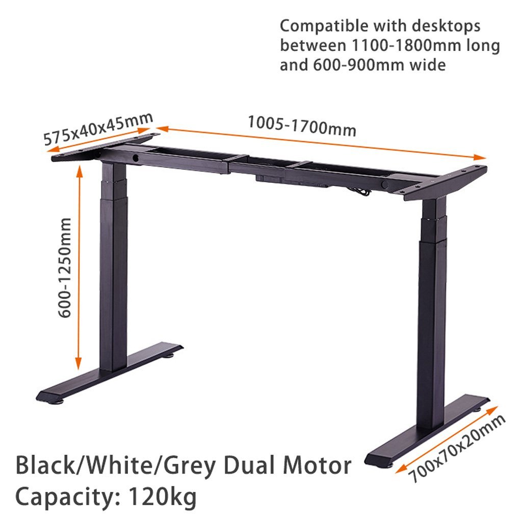 120cm Standing Desk Height Adjustable Sit Black Stand Motorised Dual Motors Frame White Top