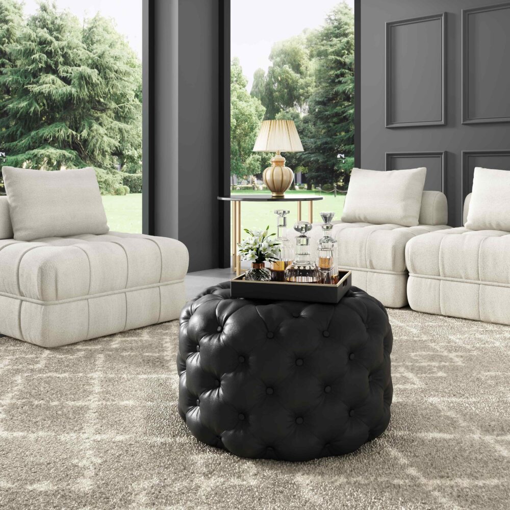 Contemporary Black Leather-look Ottoman with Button