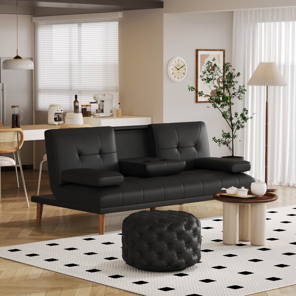 Contemporary Black Leather-look Ottoman with Button