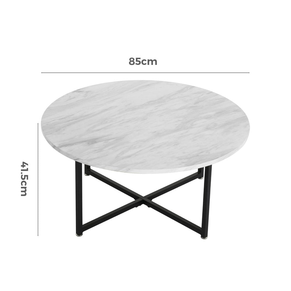 White Marble Effect Round Coffee Table with Black Legs