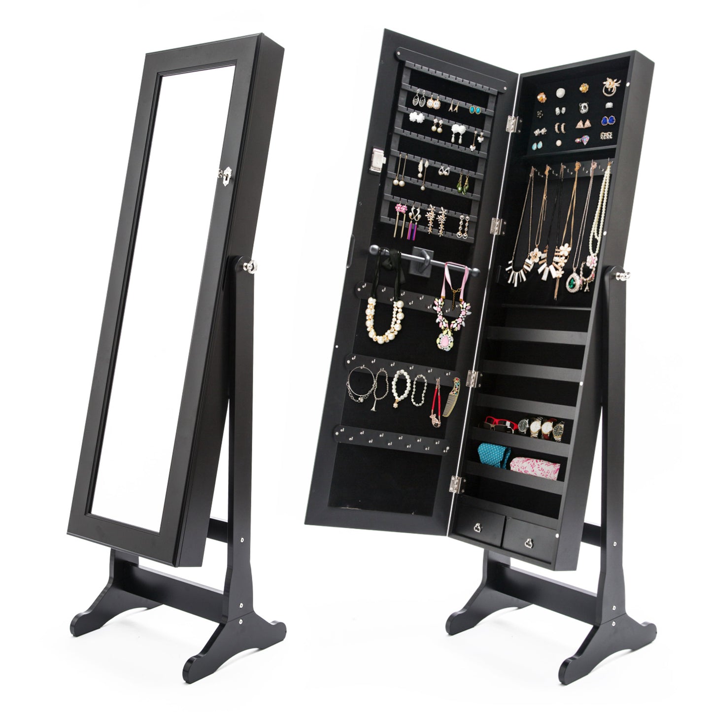 La Bella Black Mirror Jewellery Cabinet LOWE 146cm Organiser 2 Drawers