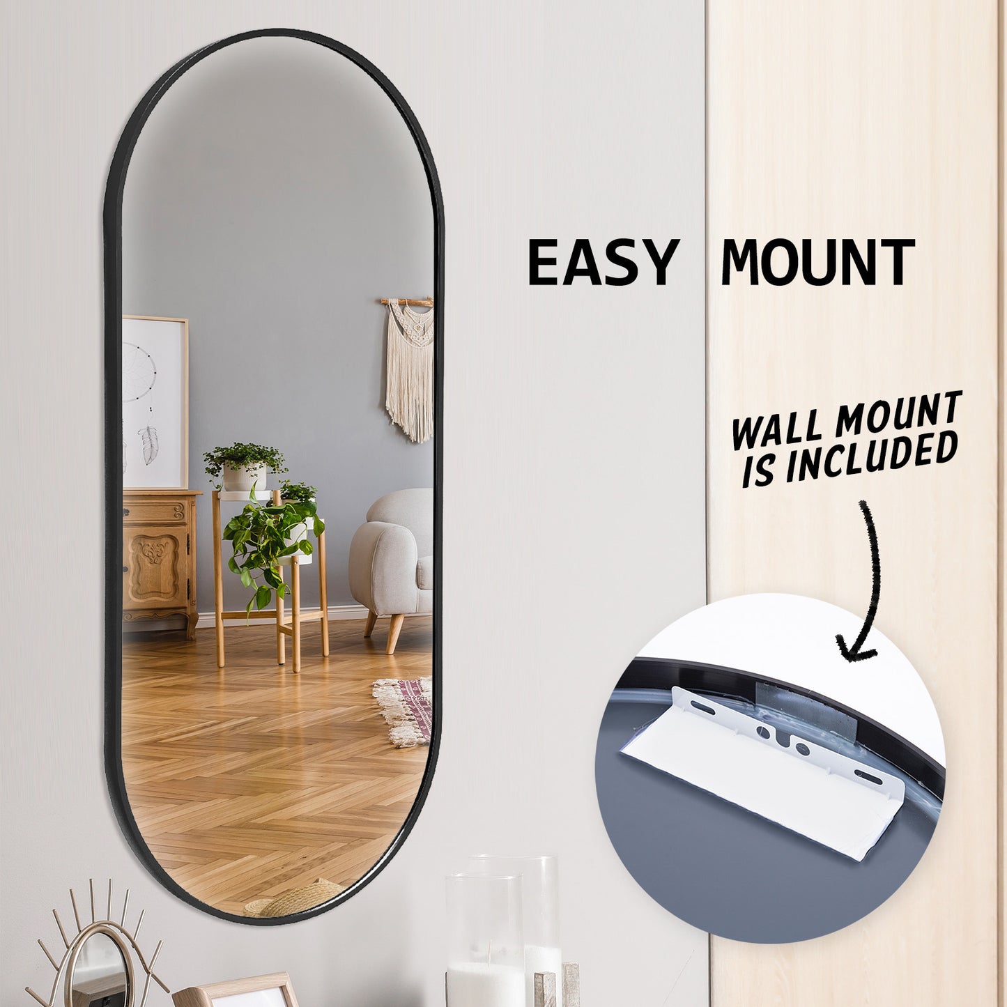 2 Set La Bella Black Wall Mirror Oval Aluminum Frame Makeup Decor Bathroom Vanity 45x100cm