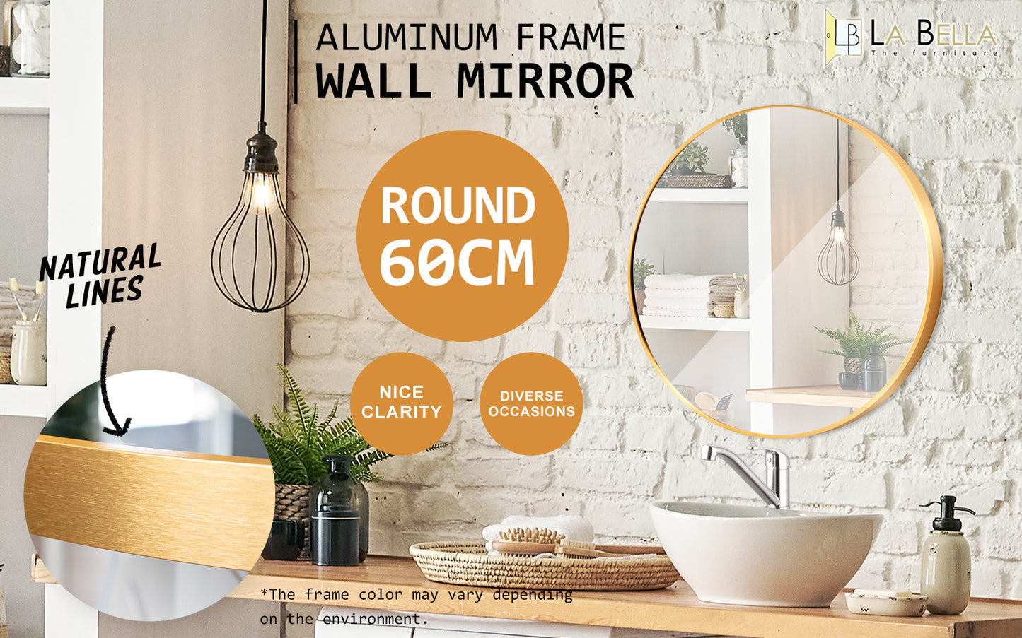 2 Set La Bella Gold Wall Mirror Round Aluminum Frame Makeup Decor Bathroom Vanity 60cm