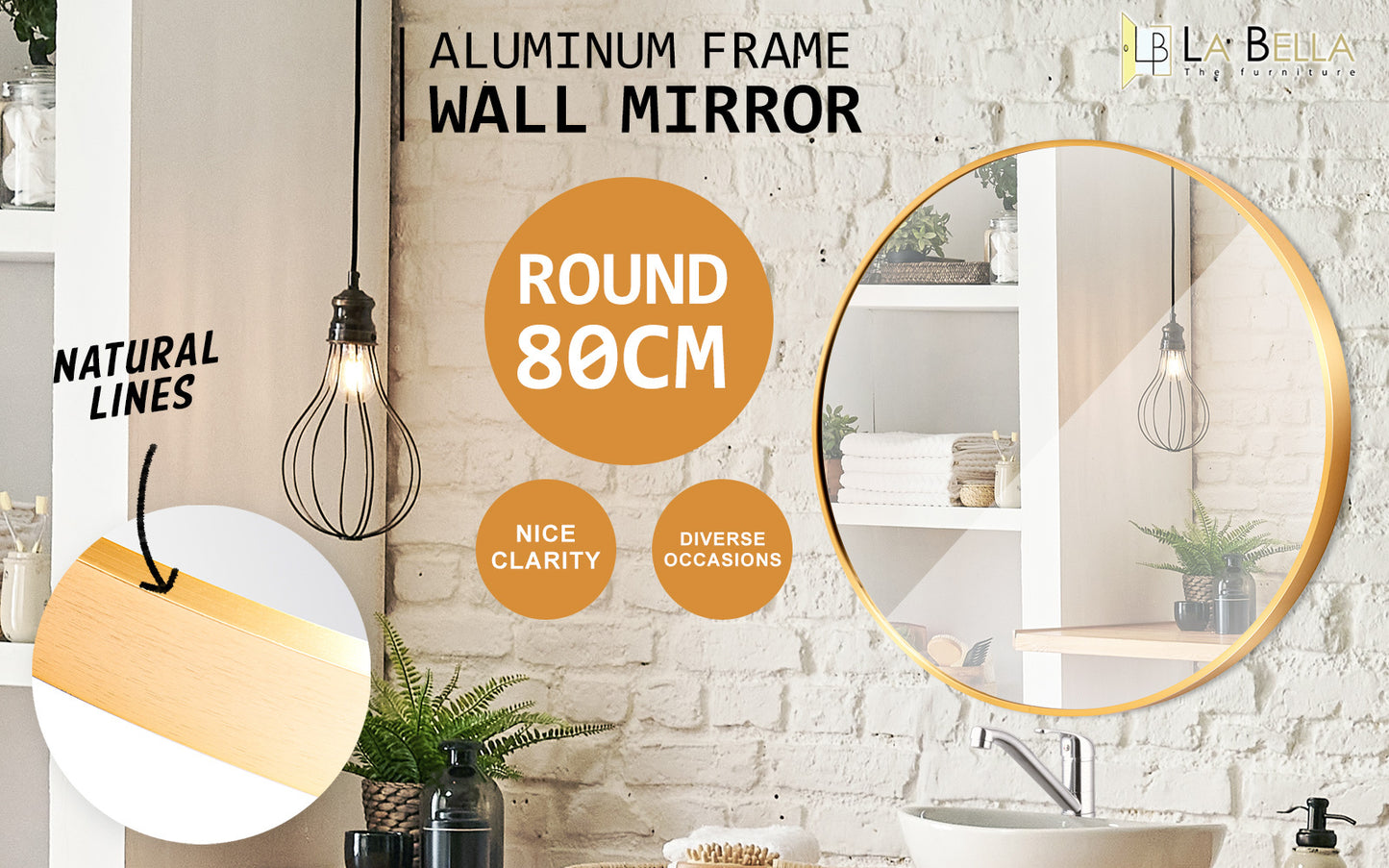 La Bella Gold Wall Mirror Round Aluminum Frame Makeup Decor Bathroom Vanity 80cm