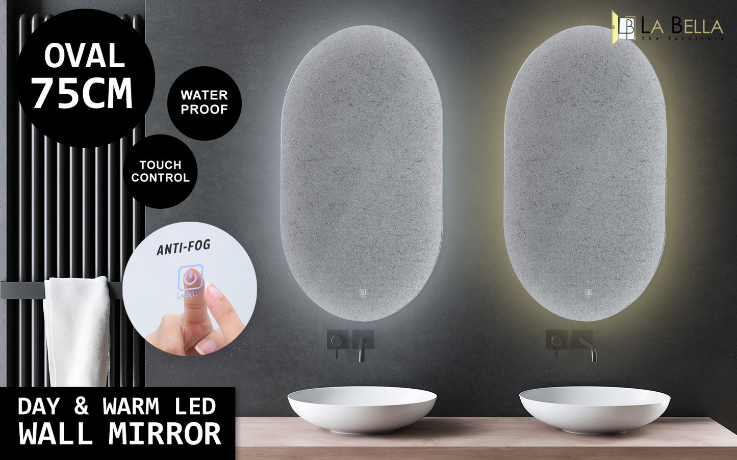 La Bella LED Wall Mirror Oval Touch Anti-Fog Makeup Decor Bathroom Vanity 50x75cm