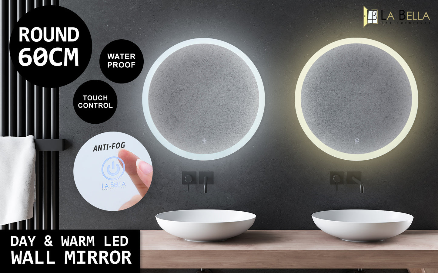 2 Set La Bella LED Wall Mirror Round Touch Anti-Fog Makeup Decor Bathroom Vanity 60cm