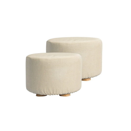 La Bella 2 Set Beige Fabric Ottoman Round Wooden Leg Foot Stool