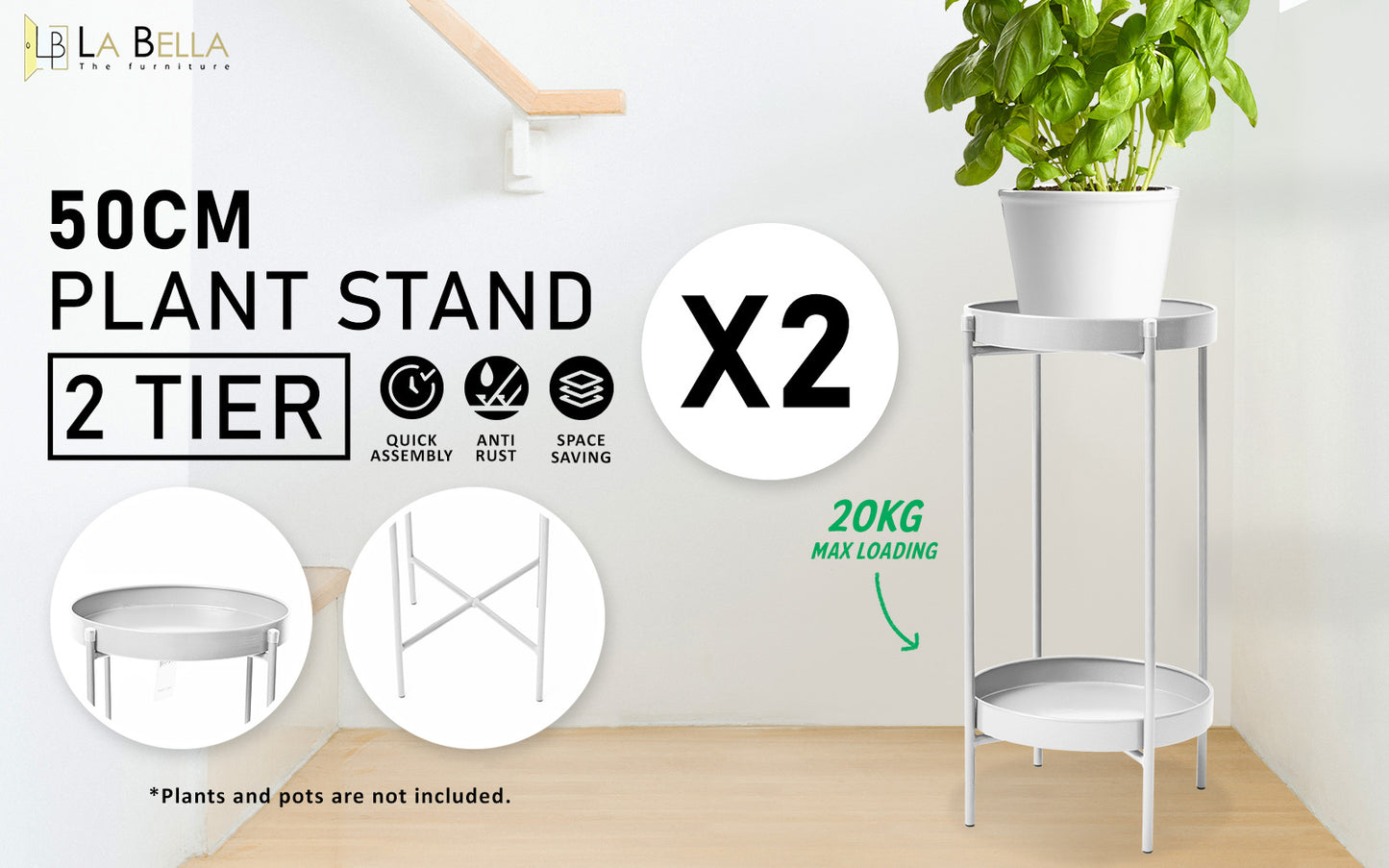 La Bella 2 Set 50cm White Plant Stand Planter Shelf Rack 2 Tier Steel