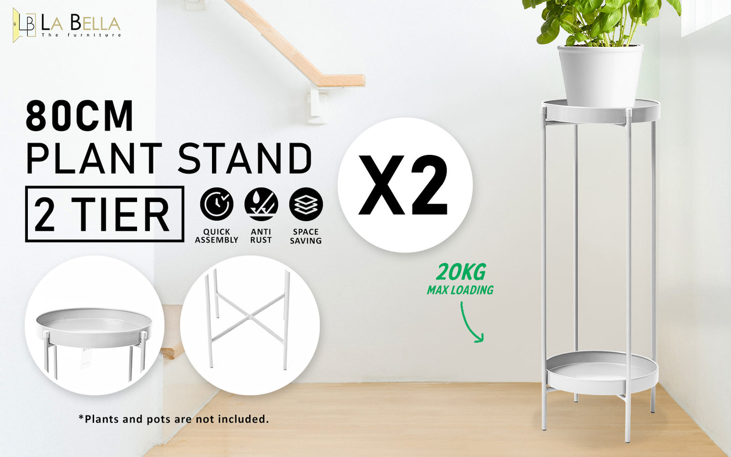 La Bella 2 Set 80cm White Plant Stand Planter Shelf Rack 2 Tier Steel