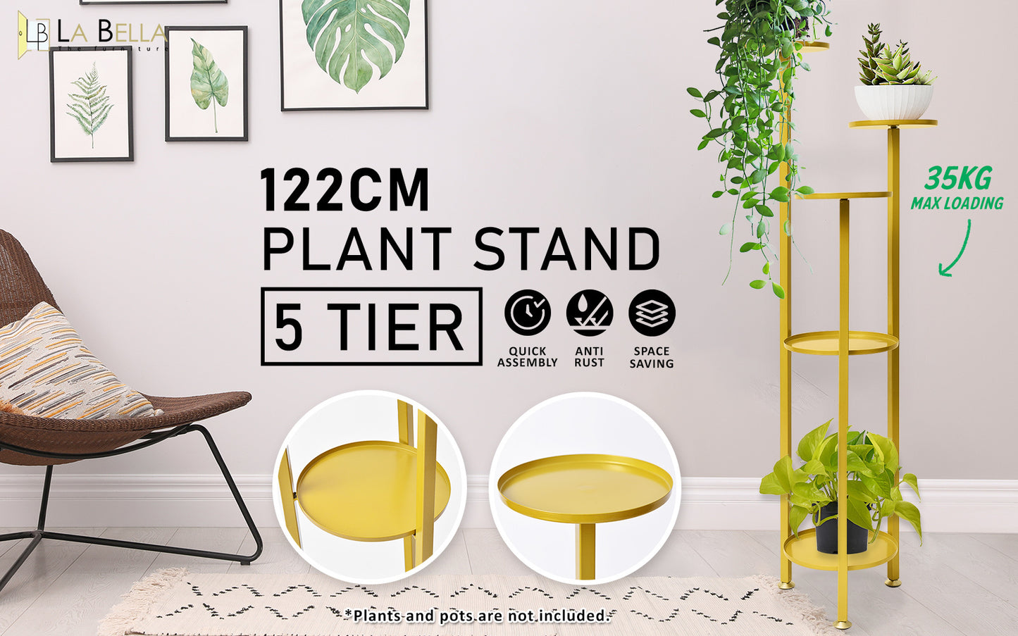 La Bella 122cm Gold Plant Stand Planter Shelf Rack 5 Tier Steel