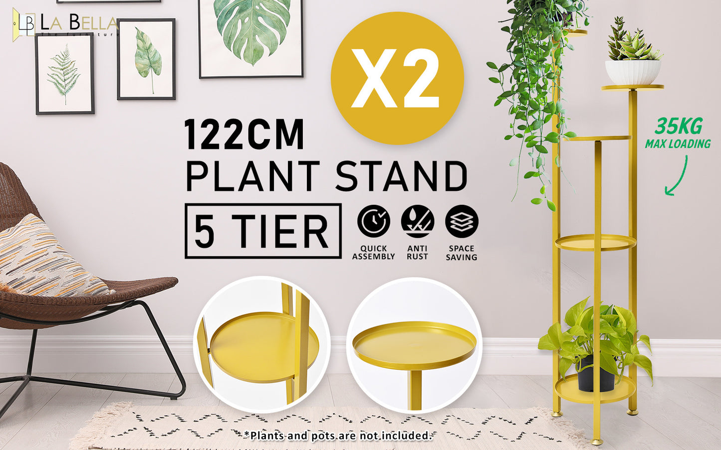 La Bella 2 Set 122cm Gold Plant Stand Planter Shelf Rack 5 Tier Steel