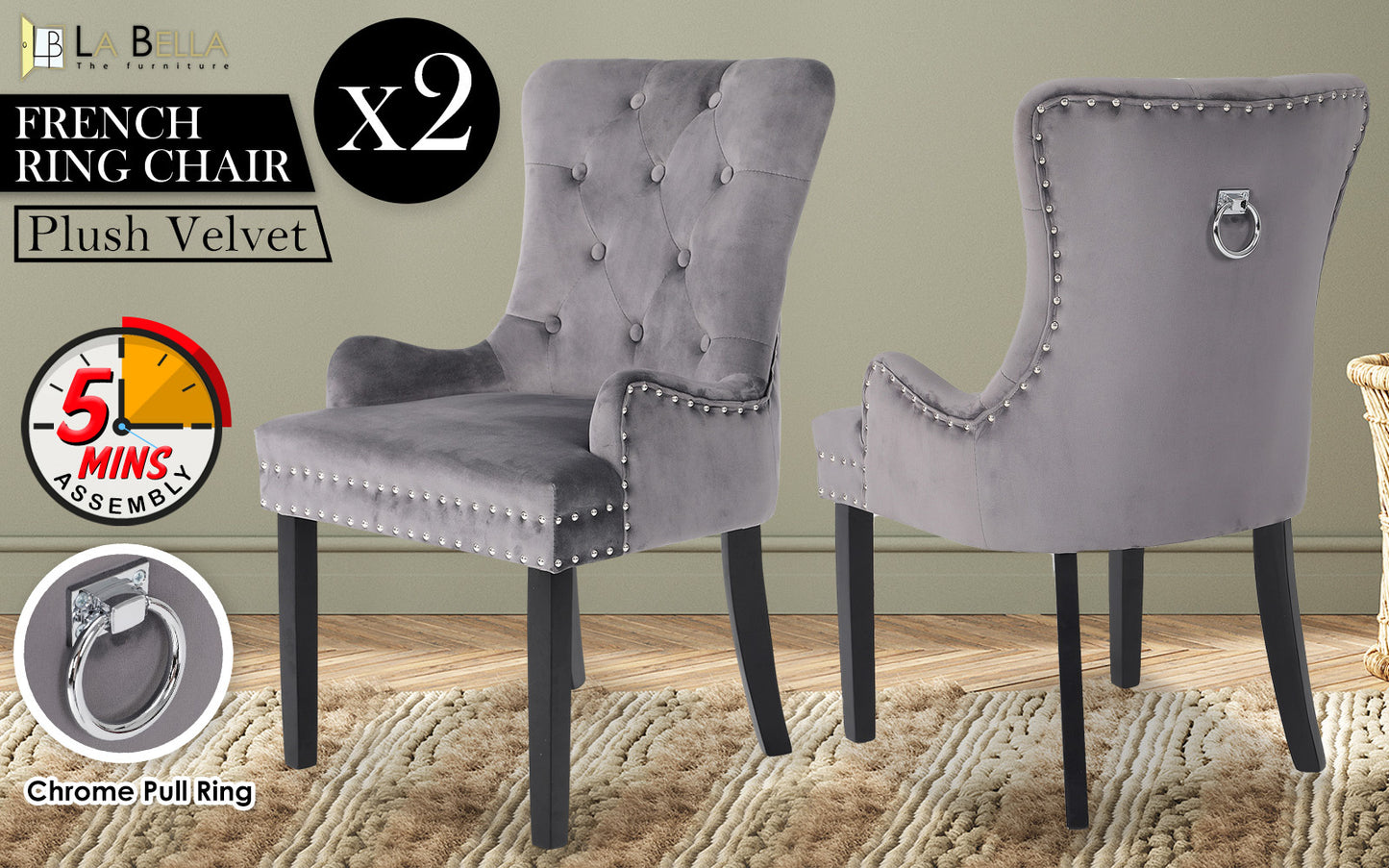 La Bella 2 Set Grey French Provincial Dining Chair Ring Studded Lisse Velvet Rubberwood