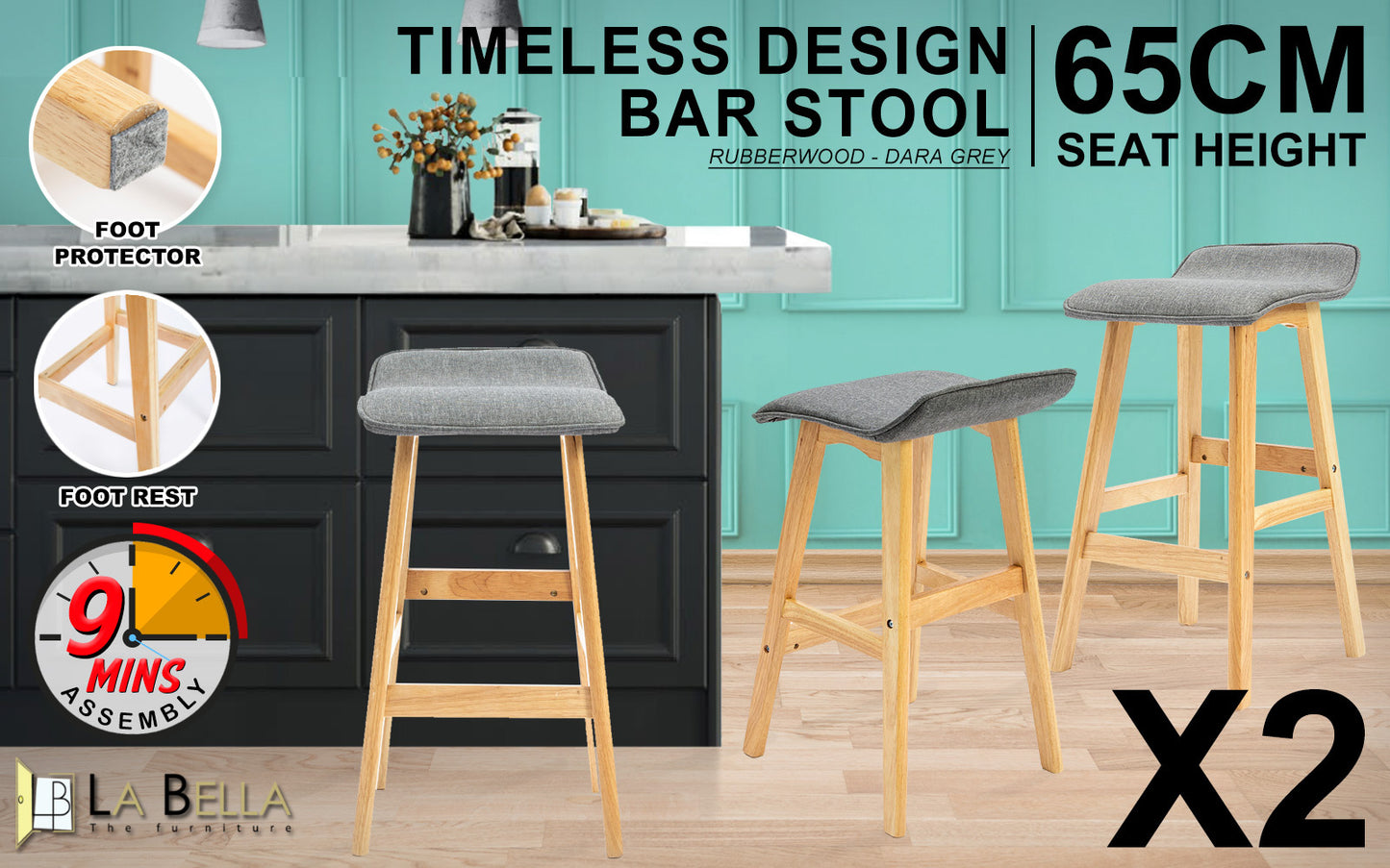 La Bella 2 Set 65cm Grey Wooden Bar Stool DARA Fabric