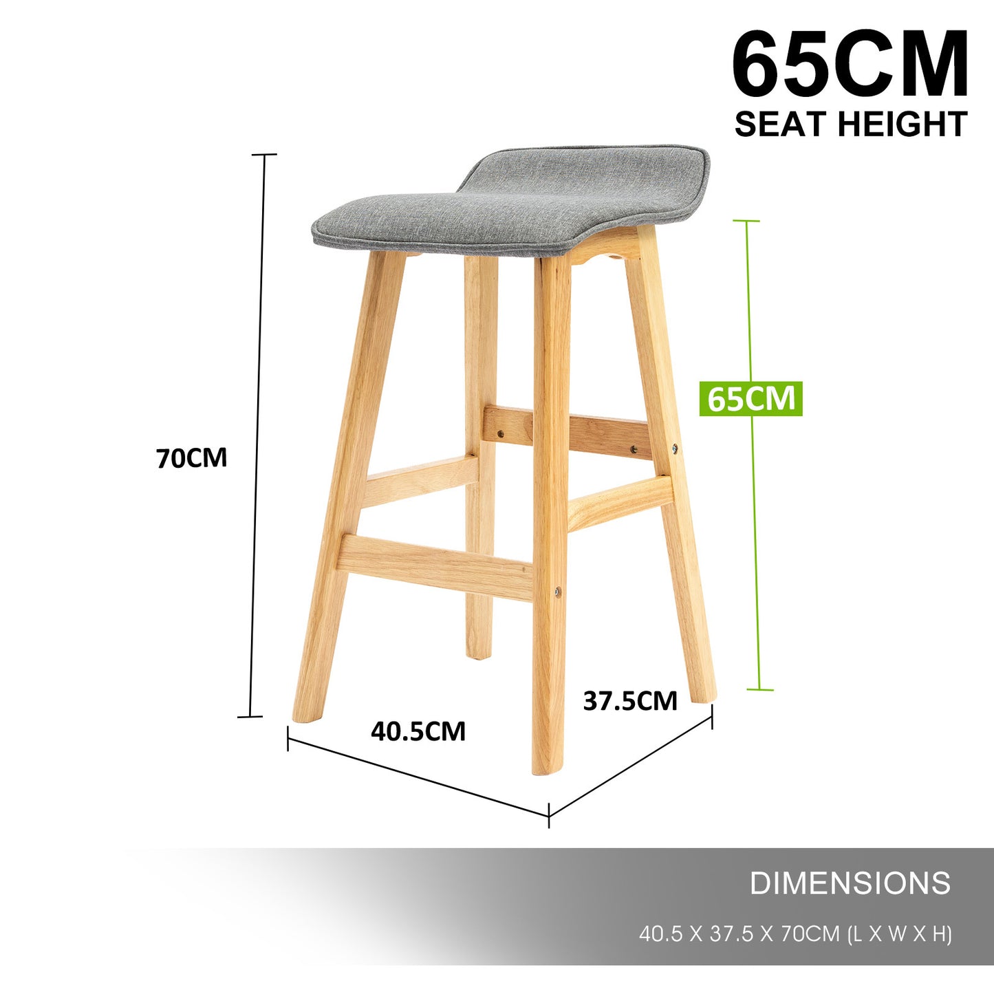 La Bella 2 Set 65cm Grey Wooden Bar Stool DARA Fabric