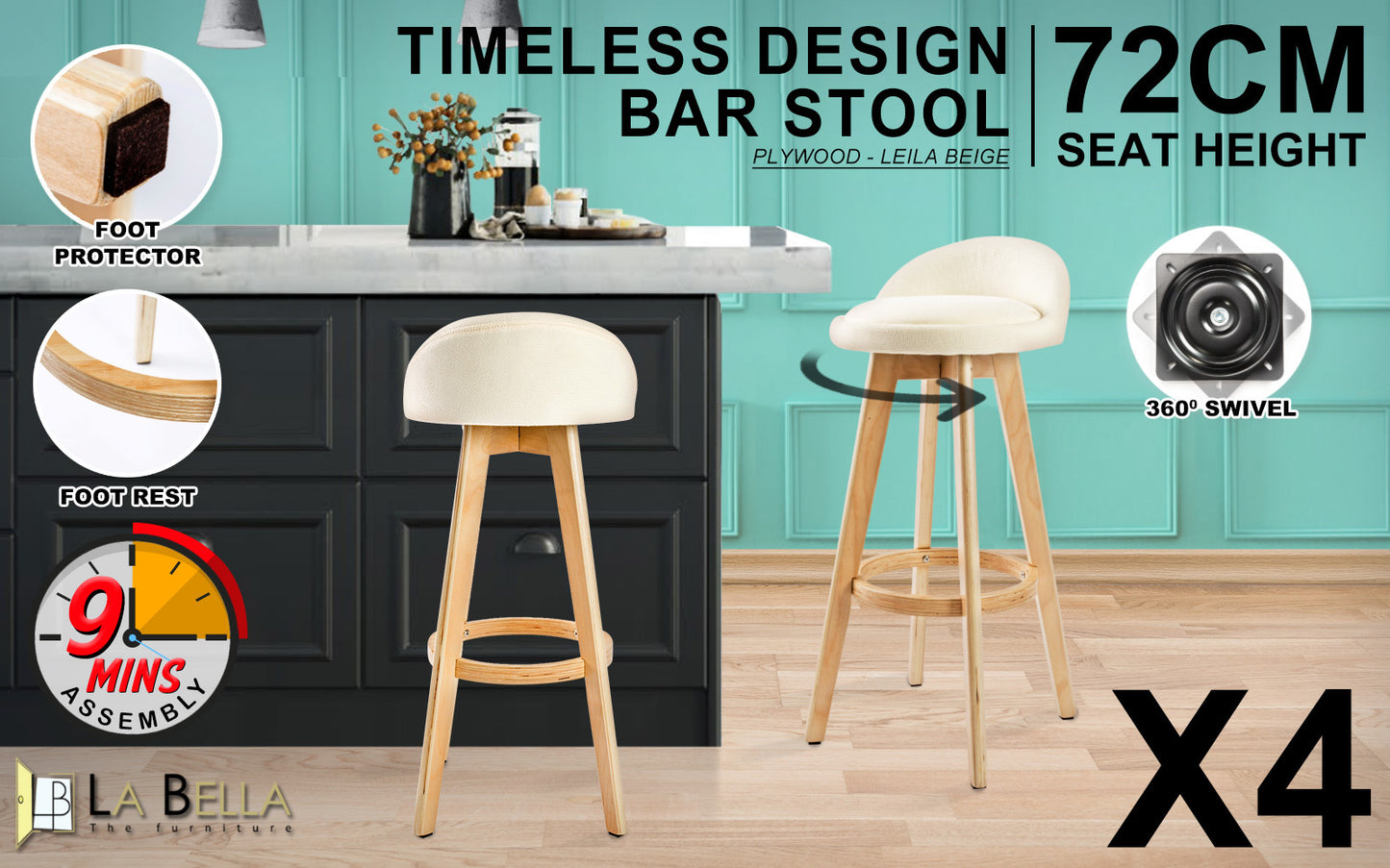 La Bella 4 Set 72cm Beige Wooden Bar Stool Leila Fabric