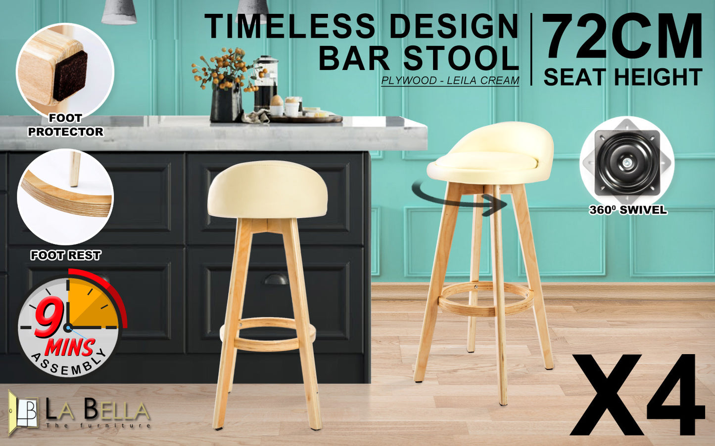 La Bella 4 Set 72cm Cream Wooden Bar Stool Leila Leather