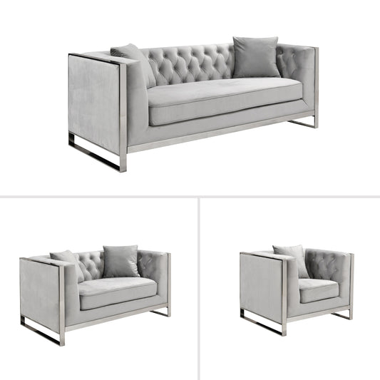 William Lounge - Light Grey Velvet - Silver Trims