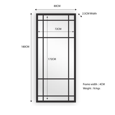 Window Style Mirror Full Length - Black 80 CM x 180 CM