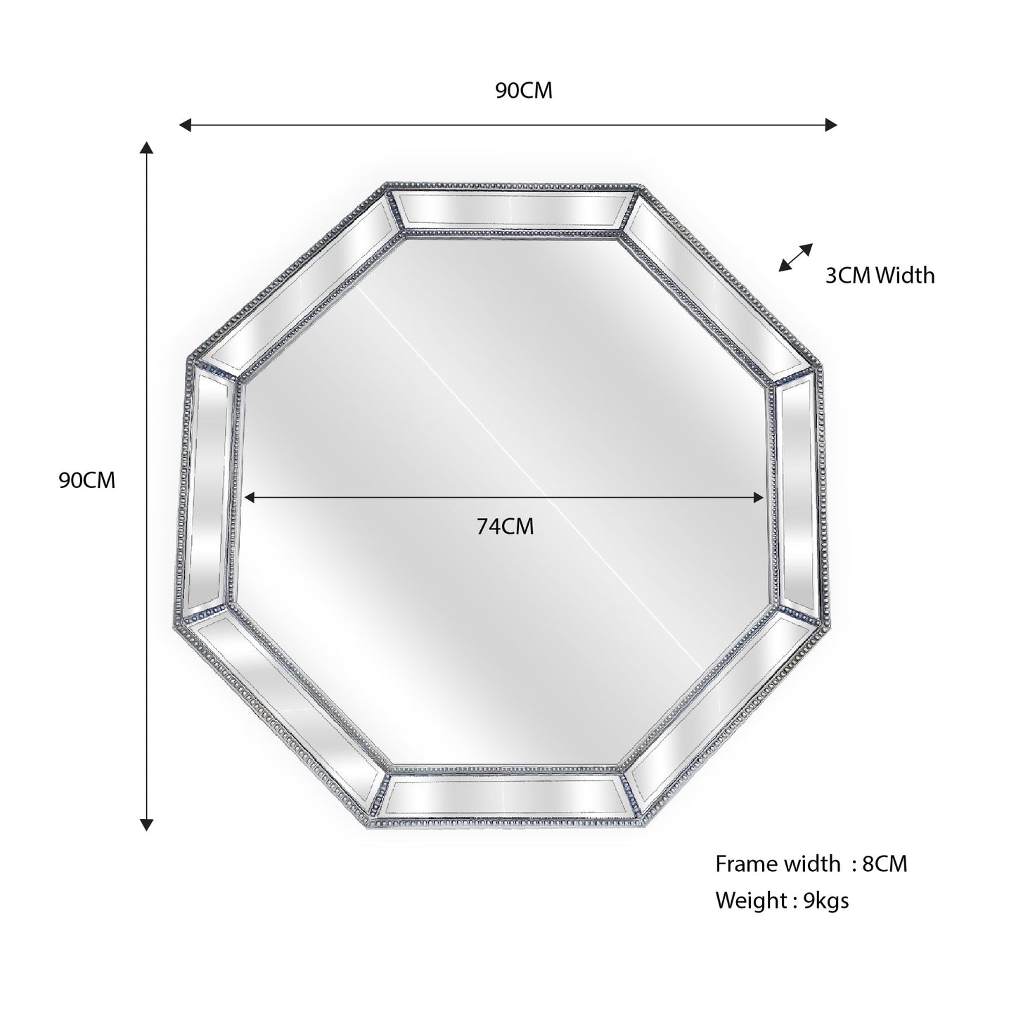 Silver Beaded Framed Mirror - Octagon - 90cm x 90cm