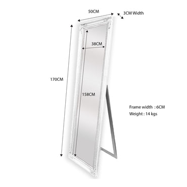 French Provincial Ornate Mirror - White - Free Standing 50cm x 170cm