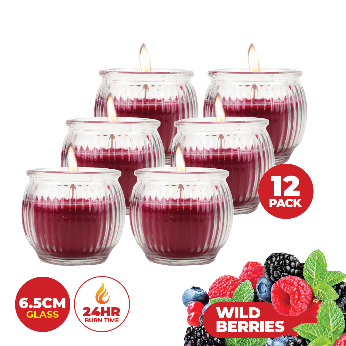 Perfect Scent 12PCE Wild Berries Scented Fragrant Candle Glass Holder 6.5cm