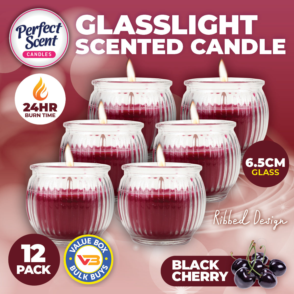 Perfect Scent 12PCE Black Cherry Scented Fragrant Candle Glass Holder 6.5cm