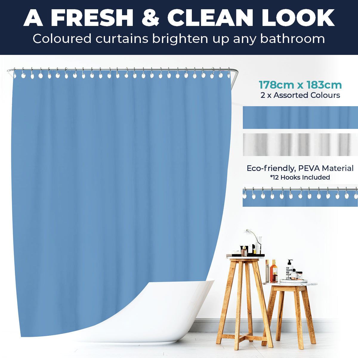 Home Master 24PCE PEVA Shower Curtains White/Sky Blue Hooks Included 178cm