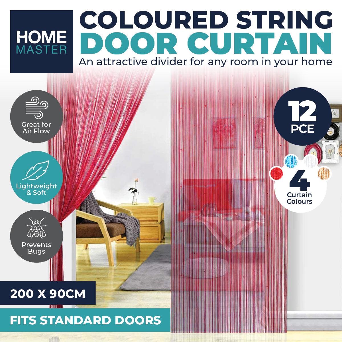 Home Master 12PCE String Curtains Door/Divider Many Colours Unique 200 x 90cm