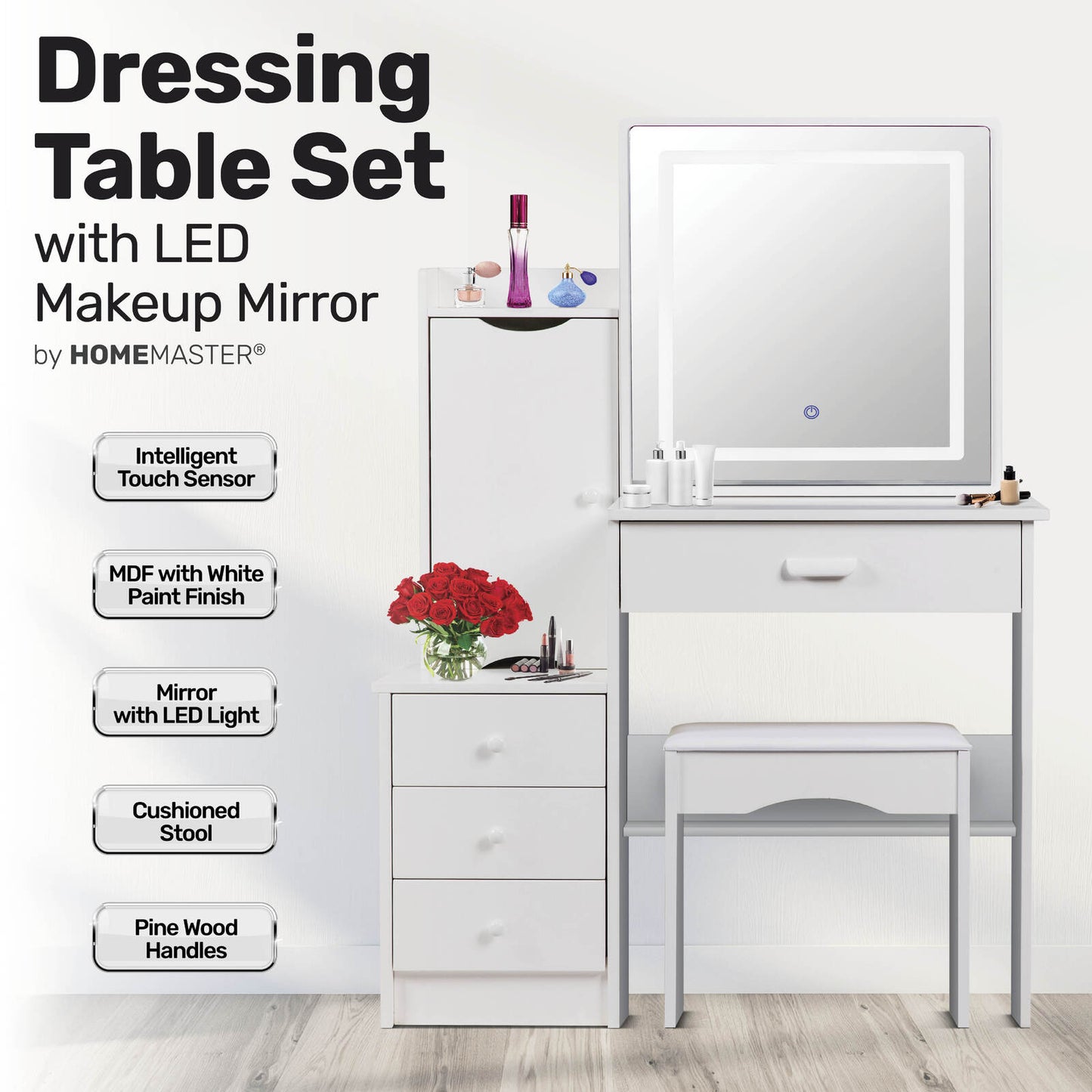 Home Master Dressing Table Set & Stool Touch Sensor Mirror Stylish Design