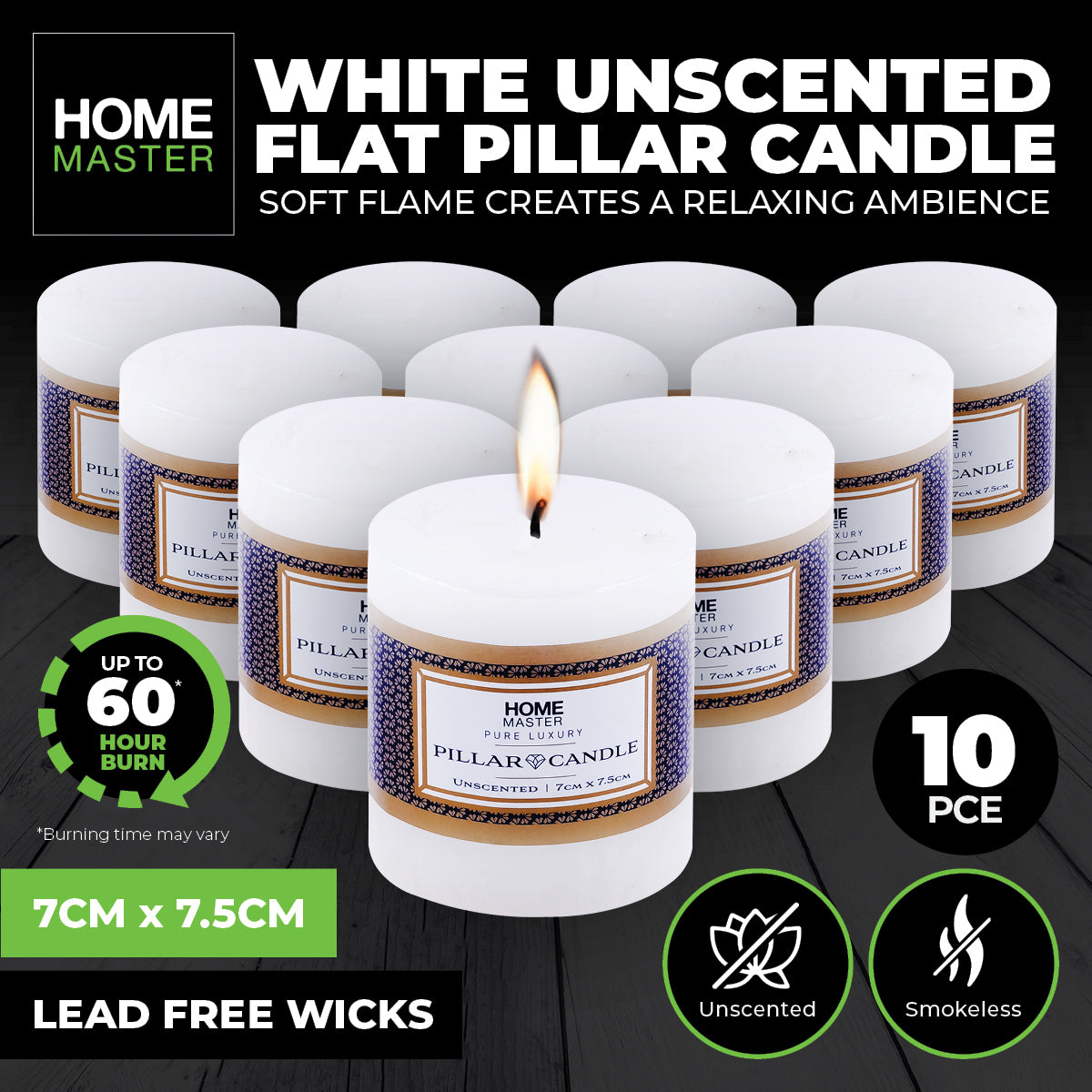 Home Master 10PCE Flat Pillar Candle White Unscented Lead Free Wick 7 x 7.5cm