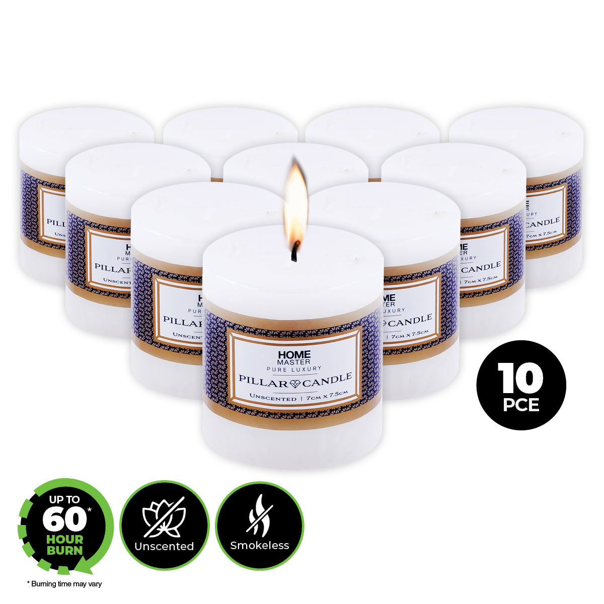 Home Master 10PCE Flat Pillar Candle White Unscented Lead Free Wick 7 x 7.5cm