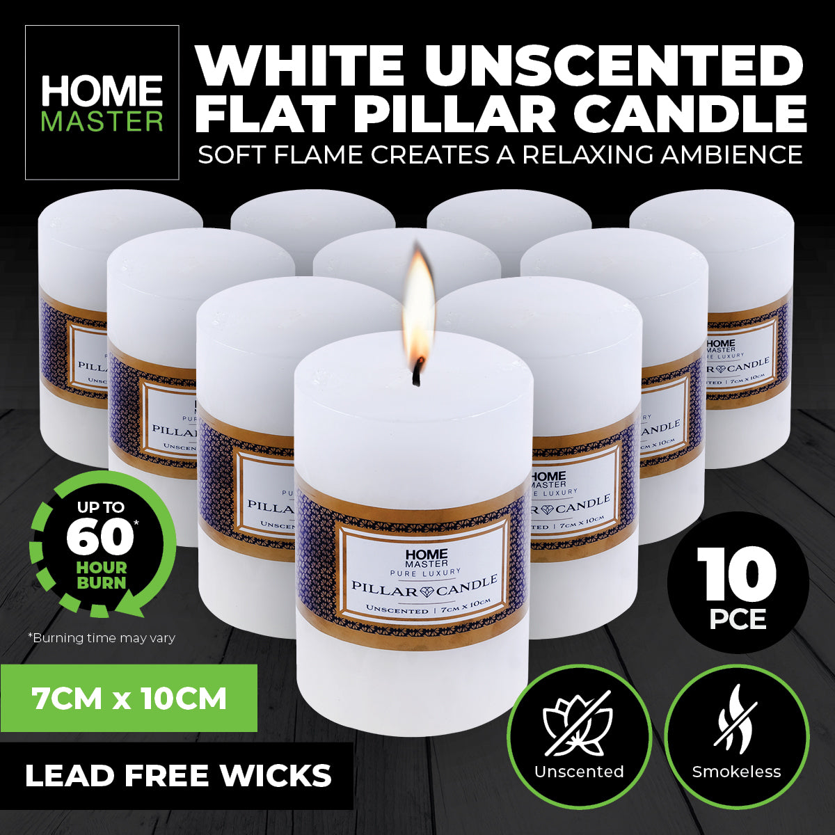 Home Master 10PCE Flat Pillar Candles White Unscented Lead Free Wick 7 x 10cm