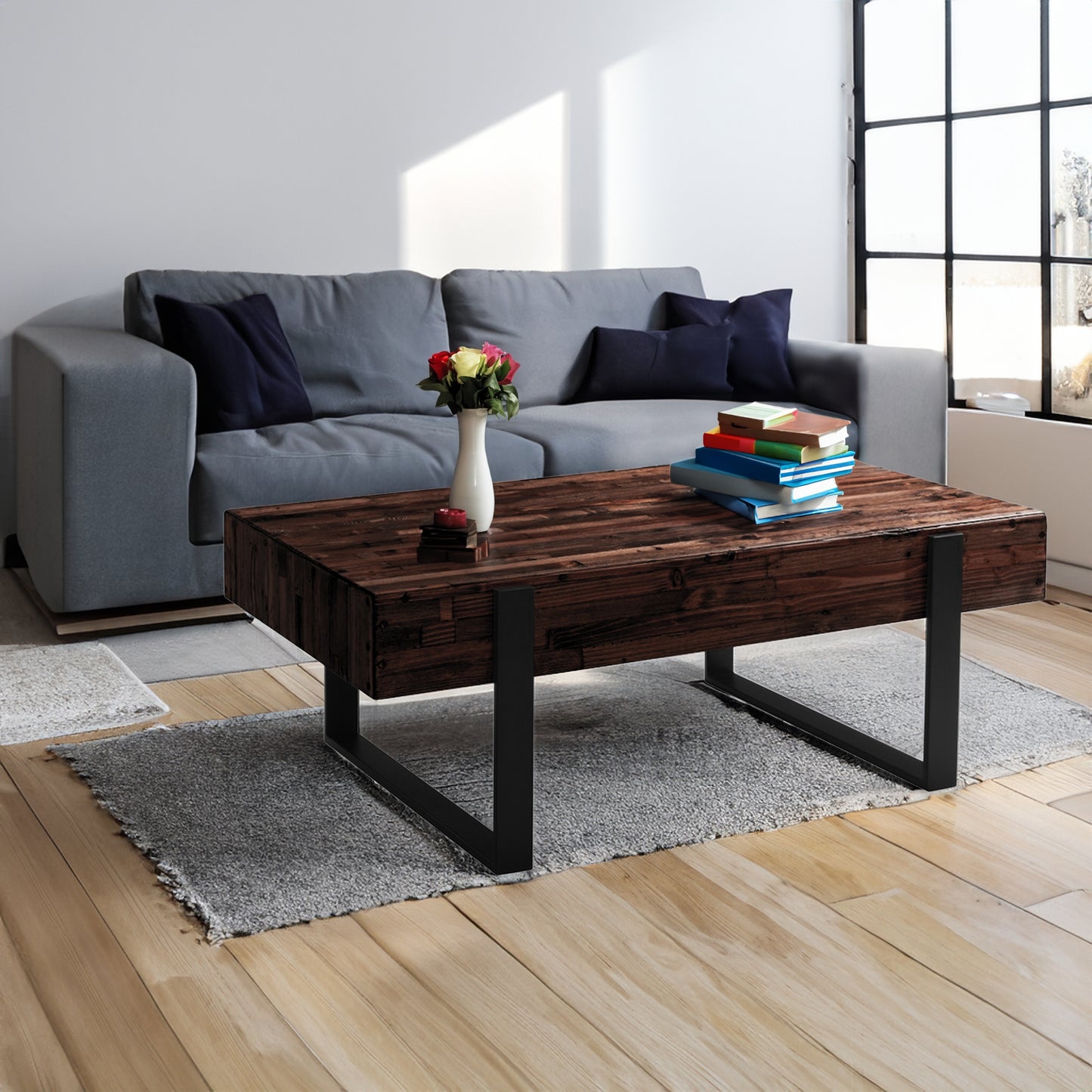 Rustica 120cm Coffee Table with Metal Leg Pine Wood Top Black