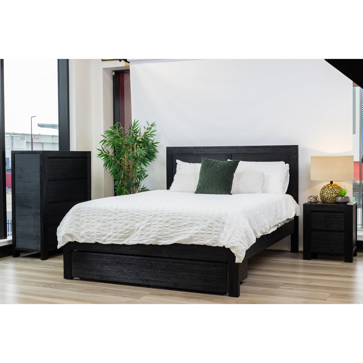 Tofino 4pc King Bed Suite Bedside Tallboy Bedroom Furniture Package - Black