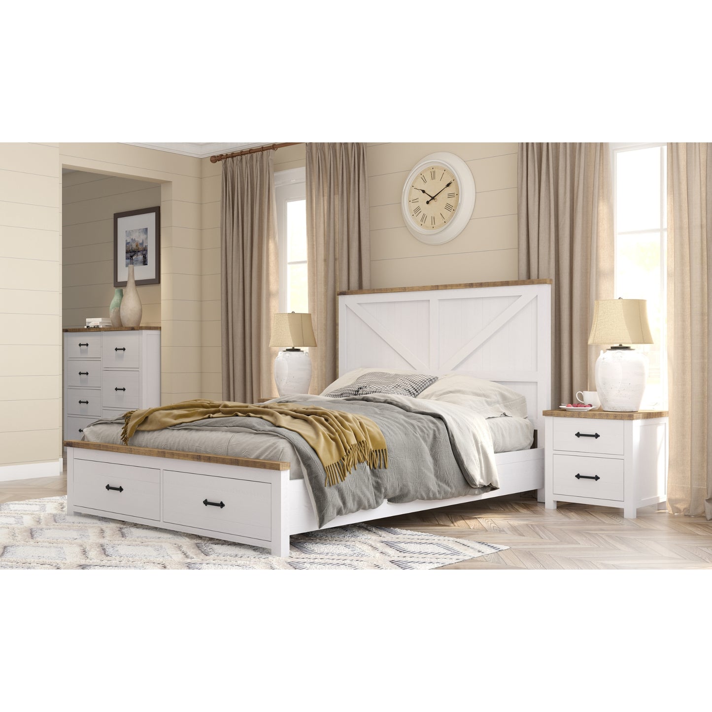 Grandy 4pc King Bed Suite Bedside Tallboy Bedroom Furniture Package White Brown