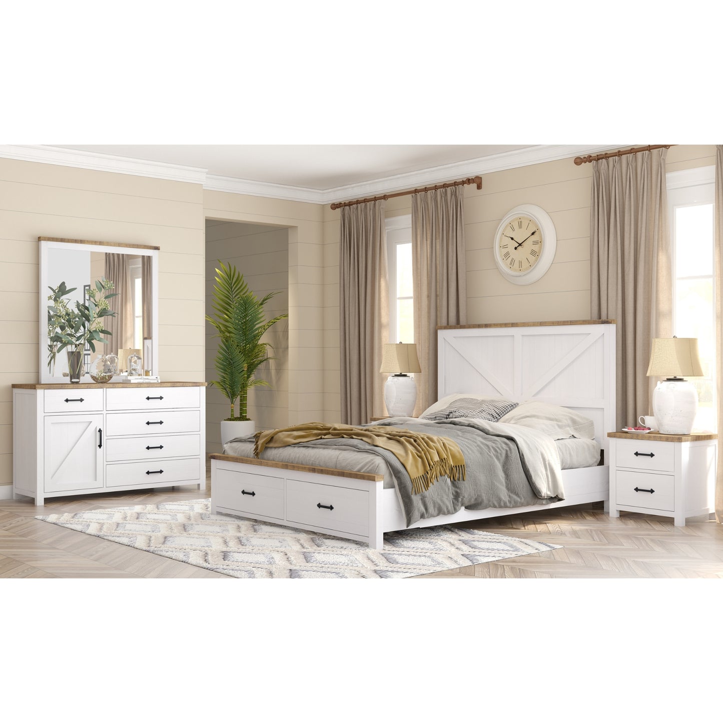 Grandy 5pc Queen Bed Suite Bedside Dresser Bedroom Furniture Package White Brown