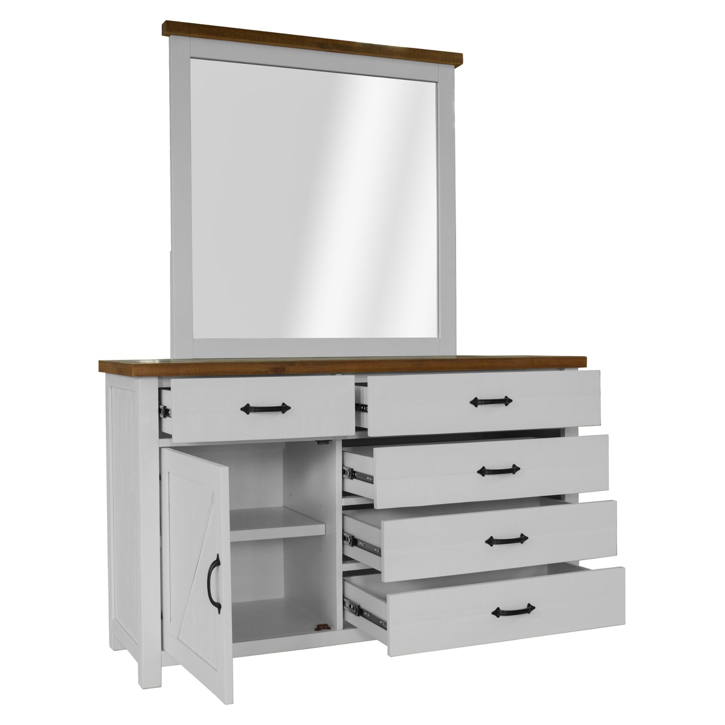 Grandy Dresser Mirror 5 Chest of Drawers 1 Door Bed Storage Cabinet White Brown