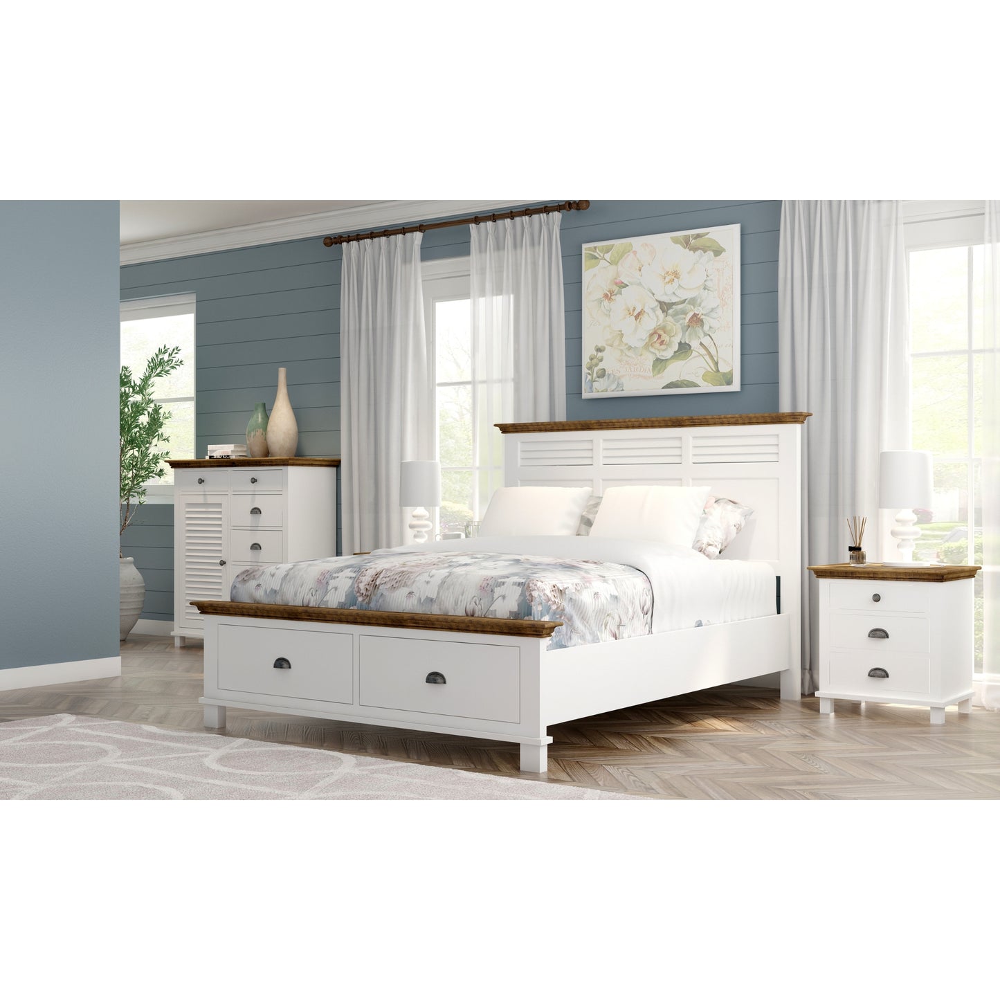 Virginia Queen Bed Frame Size Mattress Base with Drawer Solid Pine Timber -White