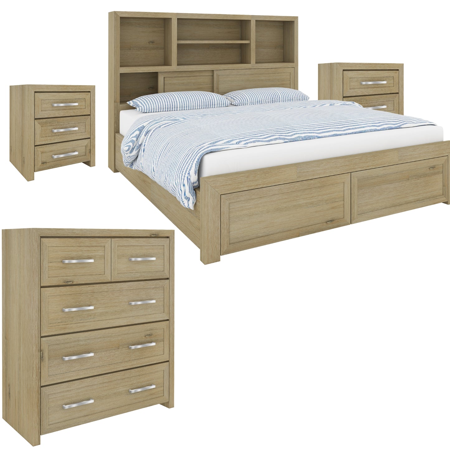 Gracelyn 4pc Queen Bed Suite Bedside Tallboy Bedroom Furniture Package - Smoke