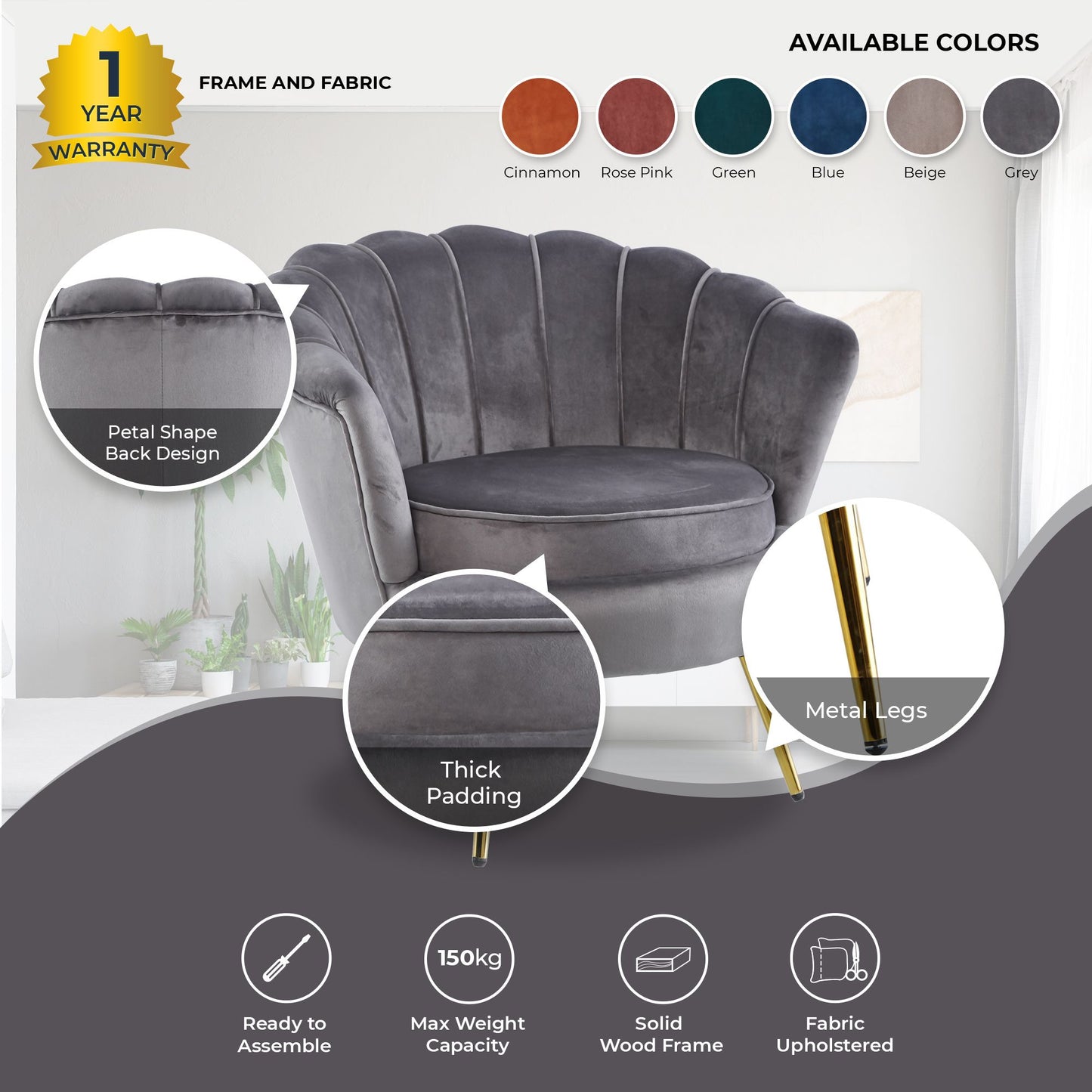 Bloomer Velvet Fabric Accent Sofa Love Chair Round Ottoman Set - Grey