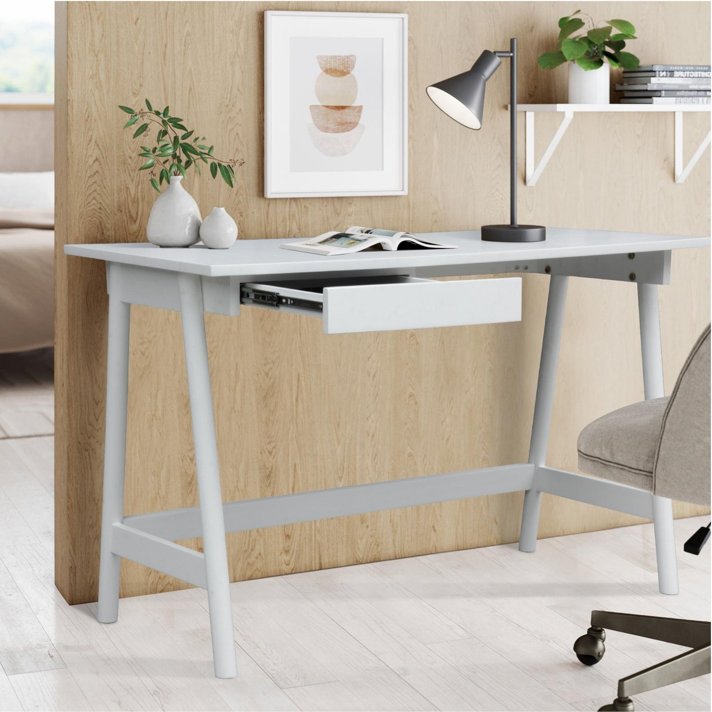 Mindil Office Desk Student Study Table Solid Wooden Timber Frame - White