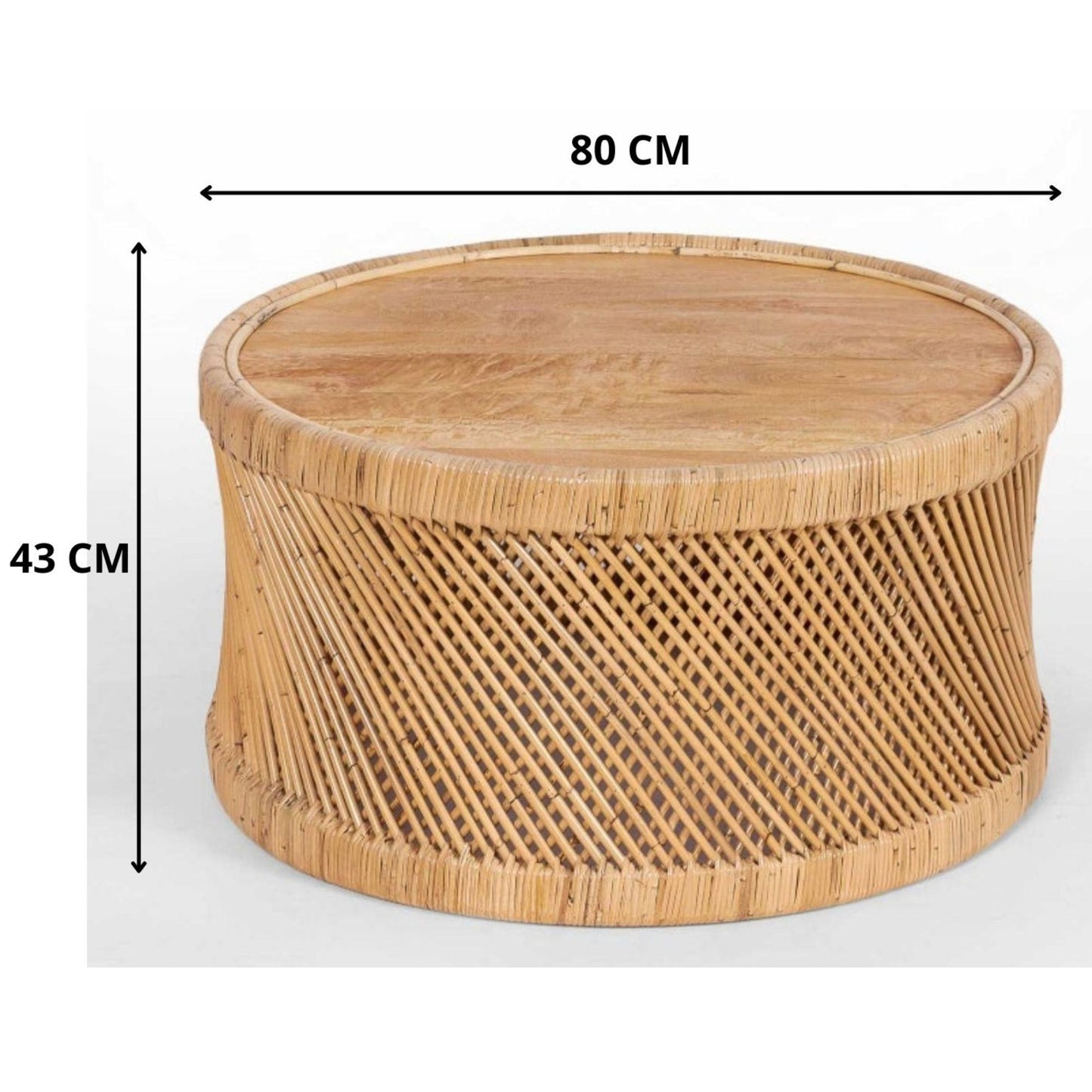 Freesia 80cm Round Coffee Table Mango Wood Top Rattan Frame - Natural