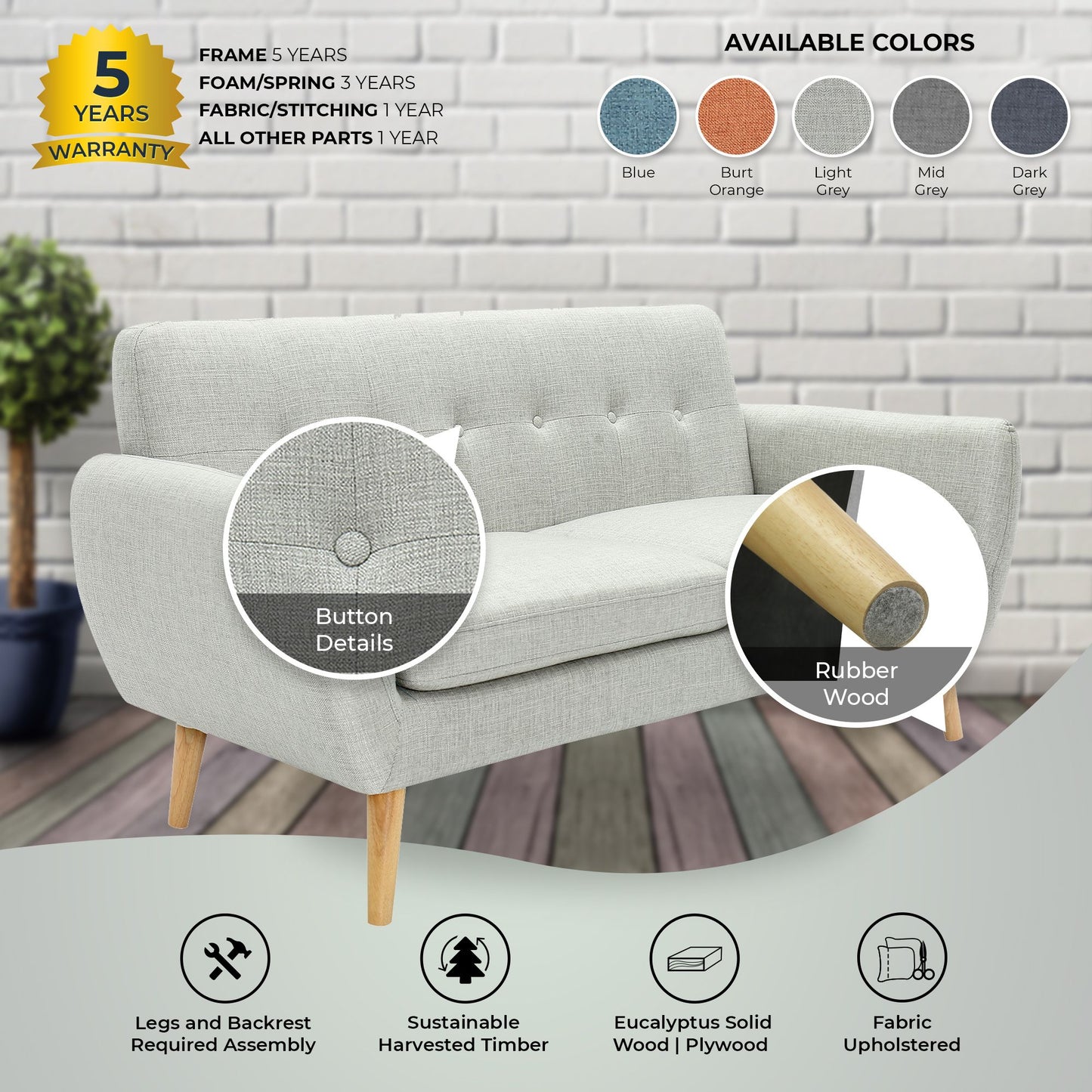 Dane 3 Seater Fabric Upholstered Sofa Lounge Couch - Light Grey