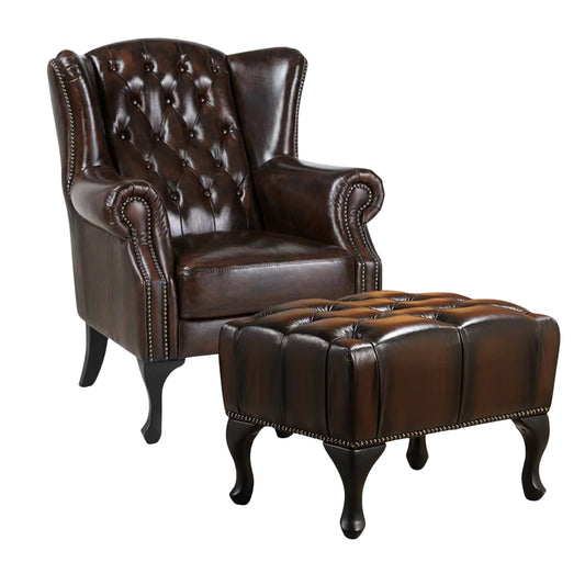 Max Chesterfield Winged Armchair Ottoman Footstool Sofa Leather Antique Brown