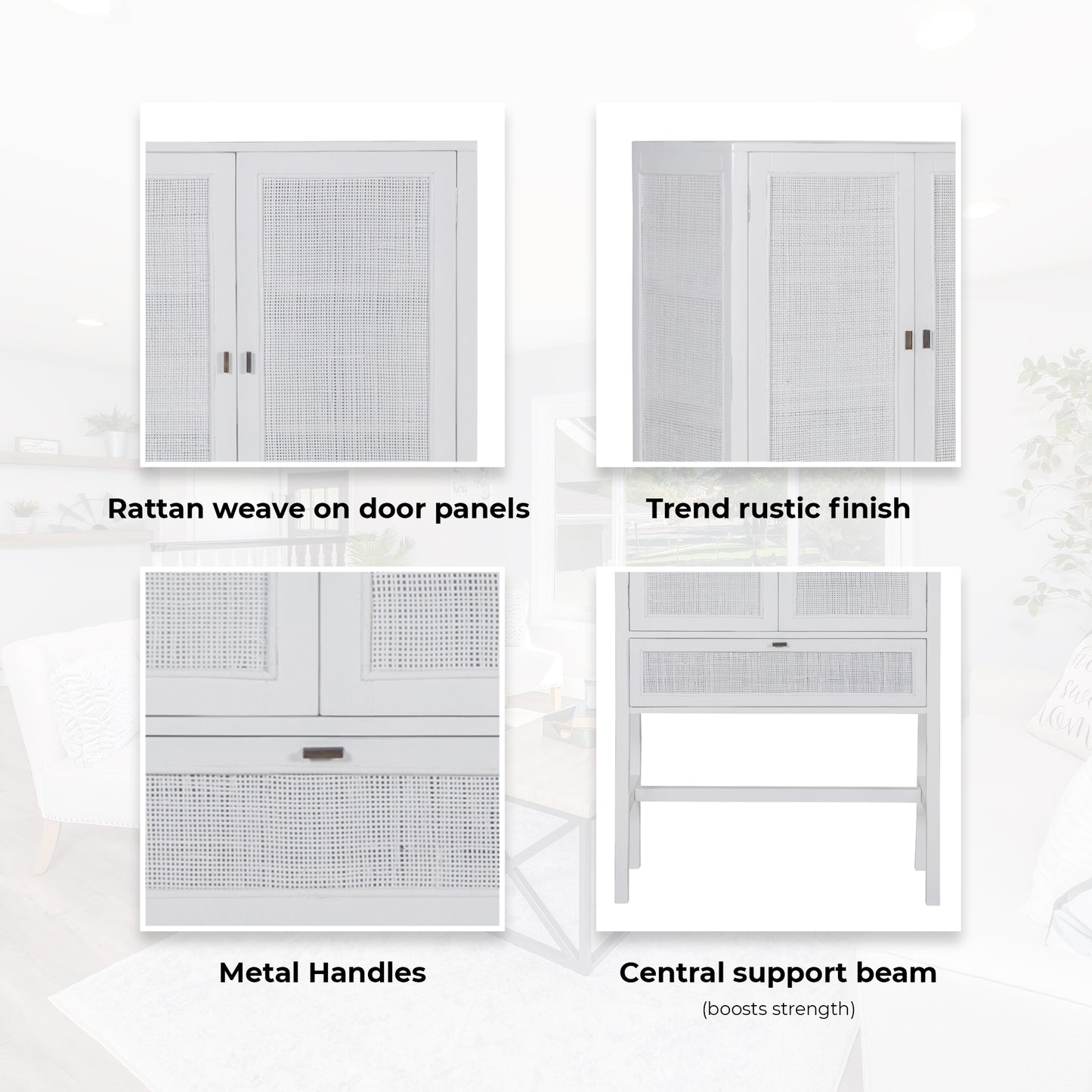 Jasmine Tall Storage Cabinet 90cm 2 Door 1 Drawer Mindi Wood Rattan - White